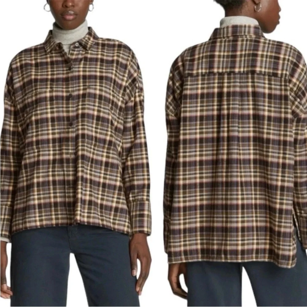NWT Everlane Women's The Boxy Flannel Plaid Button Down Shirt Brown Plaid XS - Picture 1 of 6